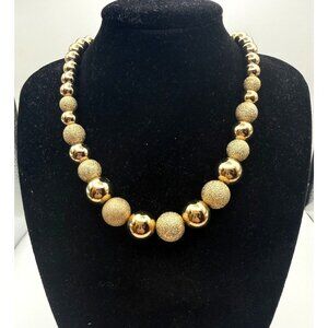 Gold Tone Beaded Statement Necklace Textured Ball Graduated Chain Adjustable